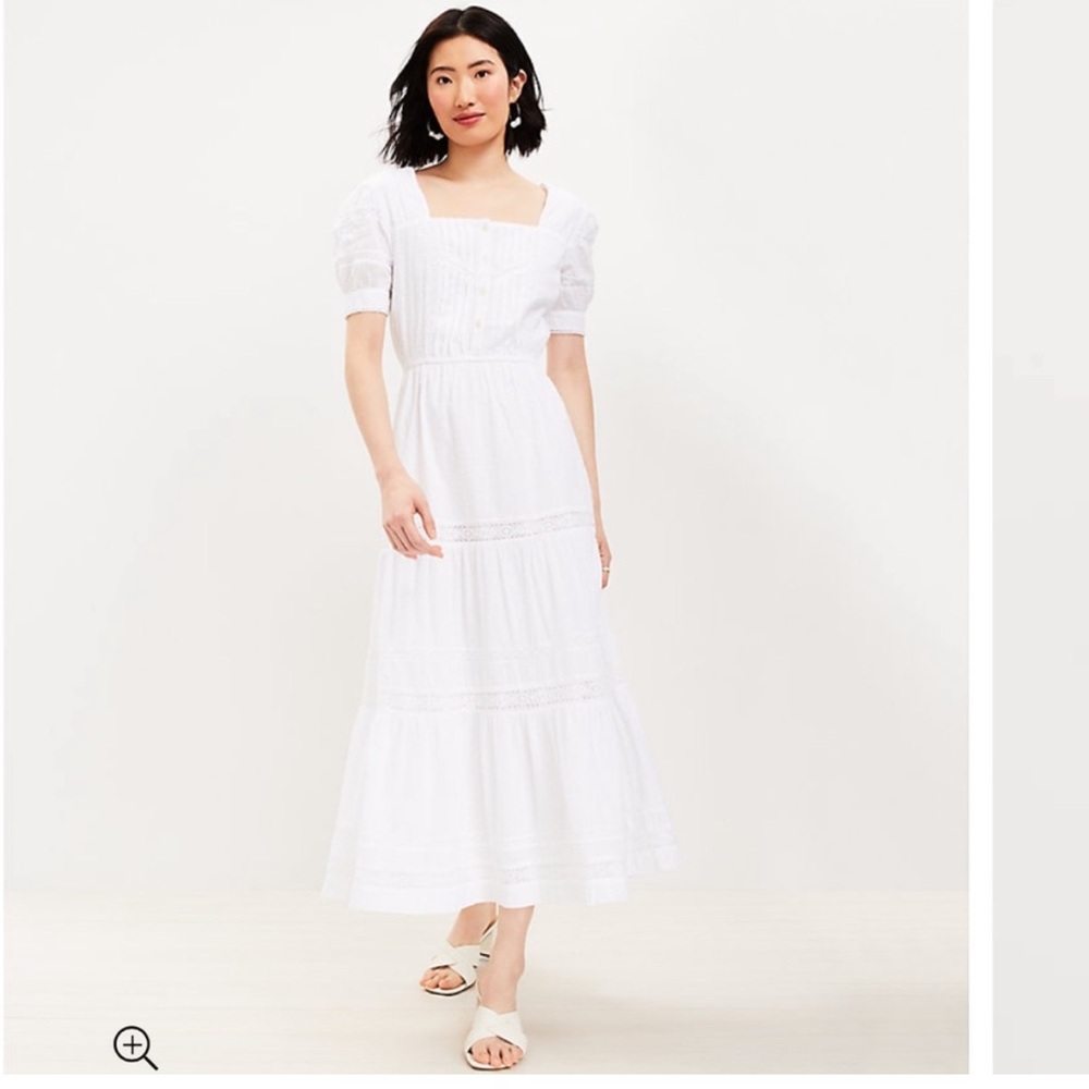 LOFT Dotted Lace Trim Square Neck White Dress